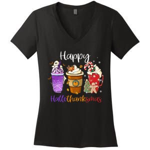 Happy Hallothanksmas Coffee Latte Halloween Thanksgiving Women's V-Neck T-Shirt