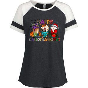 Happy Hallothanksmas Coffee Holiday Season Enza Ladies Jersey Colorblock Tee