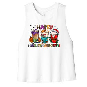 Happy Hallothanksmas Coffee Holiday Season Women's Racerback Cropped Tank