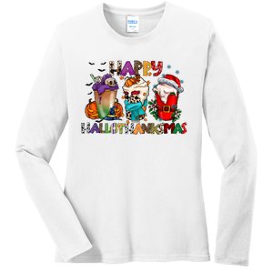 Happy Hallothanksmas Coffee Holiday Season Ladies Long Sleeve Shirt