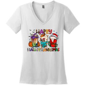 Happy Hallothanksmas Coffee Holiday Season Women's V-Neck T-Shirt