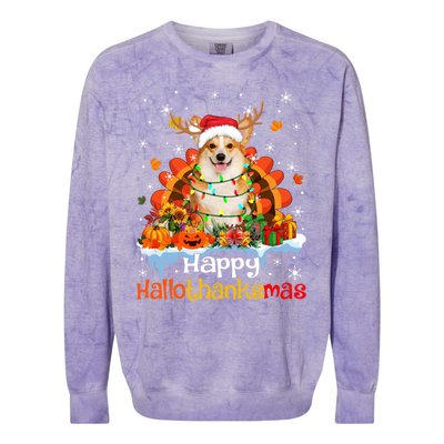 Happy Hallothanksmas Corgi Dog Halloween Thanksgiving Xmas Gift Colorblast Crewneck Sweatshirt