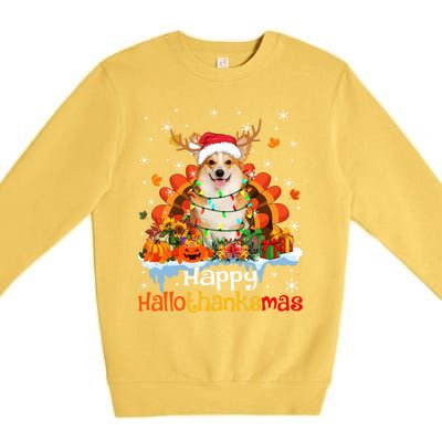 Happy Hallothanksmas Corgi Dog Halloween Thanksgiving Xmas Gift Premium Crewneck Sweatshirt