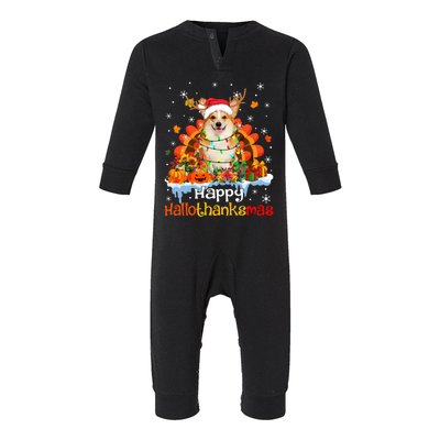 Happy Hallothanksmas Corgi Dog Halloween Thanksgiving Xmas Gift Infant Fleece One Piece