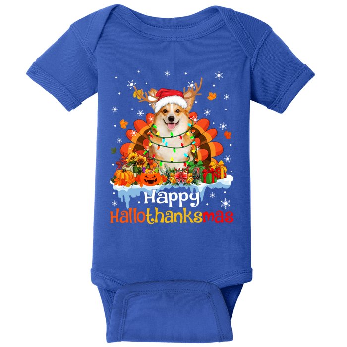 Happy Hallothanksmas Corgi Dog Halloween Thanksgiving Xmas Gift Baby Bodysuit