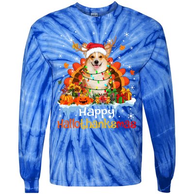 Happy Hallothanksmas Corgi Dog Halloween Thanksgiving Xmas Gift Tie-Dye Long Sleeve Shirt