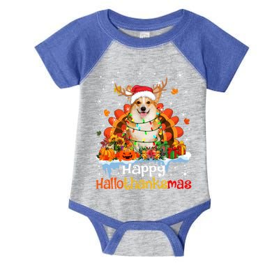 Happy Hallothanksmas Corgi Dog Halloween Thanksgiving Xmas Gift Infant Baby Jersey Bodysuit