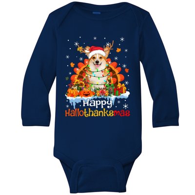 Happy Hallothanksmas Corgi Dog Halloween Thanksgiving Xmas Gift Baby Long Sleeve Bodysuit