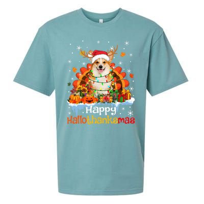 Happy Hallothanksmas Corgi Dog Halloween Thanksgiving Xmas Gift Sueded Cloud Jersey T-Shirt