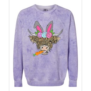 Heifer Highland Cow With Bunny Ears Carrot Egg Happy Easter Colorblast Crewneck Sweatshirt