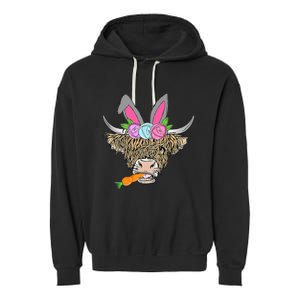 Heifer Highland Cow With Bunny Ears Carrot Egg Happy Easter Garment-Dyed Fleece Hoodie