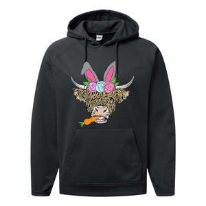 Heifer Highland Cow With Bunny Ears Carrot Egg Happy Easter Performance Fleece Hoodie