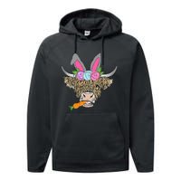 Heifer Highland Cow With Bunny Ears Carrot Egg Happy Easter Performance Fleece Hoodie