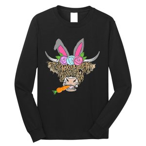 Heifer Highland Cow With Bunny Ears Carrot Egg Happy Easter Long Sleeve Shirt