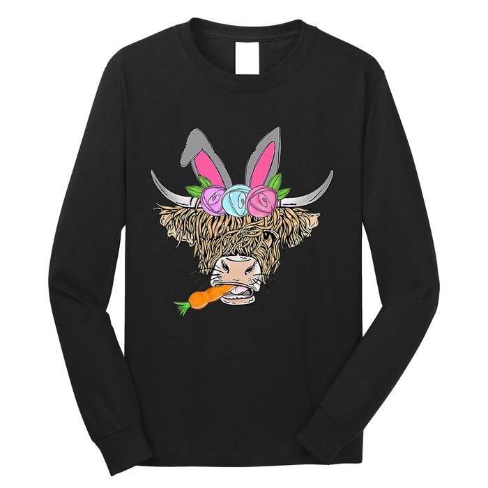 Heifer Highland Cow With Bunny Ears Carrot Egg Happy Easter Long Sleeve Shirt