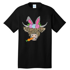 Heifer Highland Cow With Bunny Ears Carrot Egg Happy Easter Tall T-Shirt