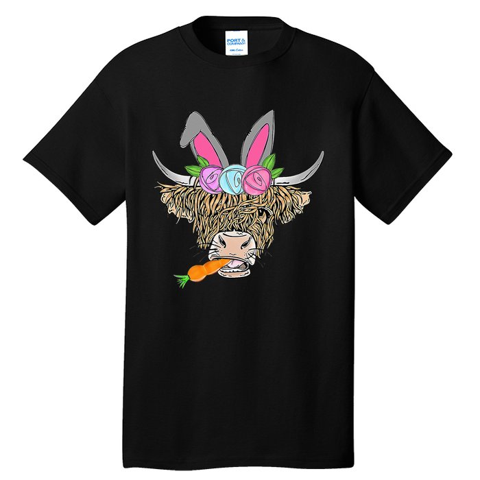 Heifer Highland Cow With Bunny Ears Carrot Egg Happy Easter Tall T-Shirt