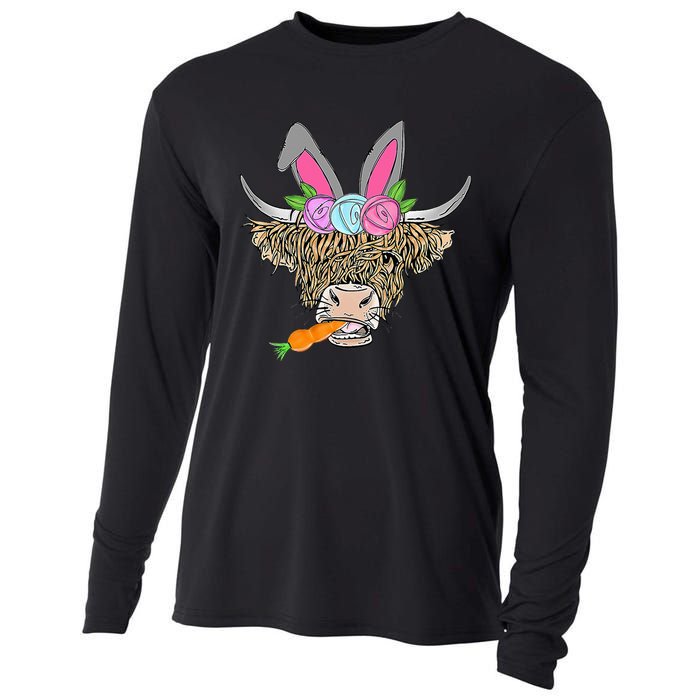 Heifer Highland Cow With Bunny Ears Carrot Egg Happy Easter Cooling Performance Long Sleeve Crew