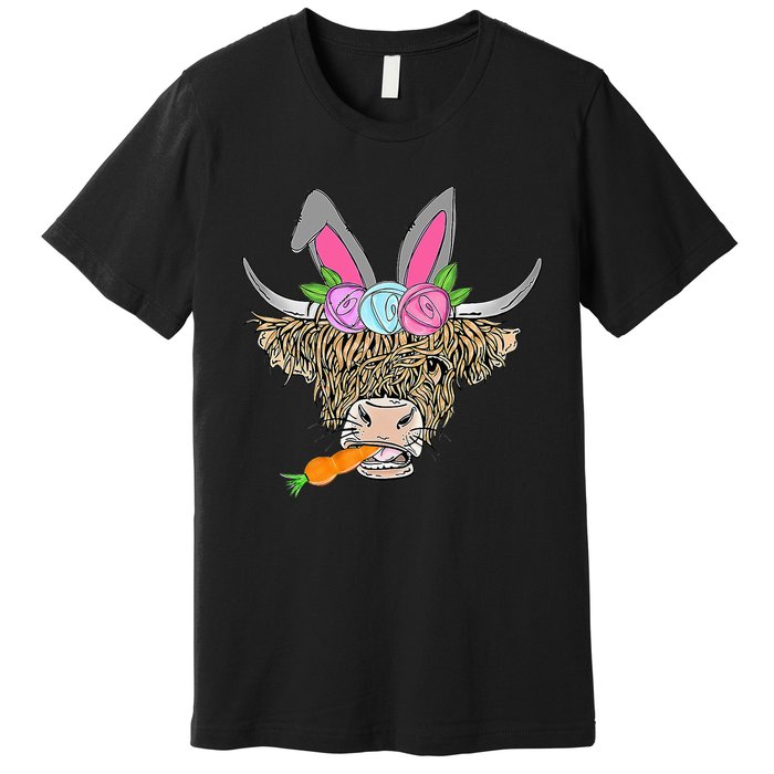 Heifer Highland Cow With Bunny Ears Carrot Egg Happy Easter Premium T-Shirt