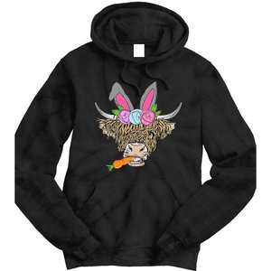 Heifer Highland Cow With Bunny Ears Carrot Egg Happy Easter Tie Dye Hoodie