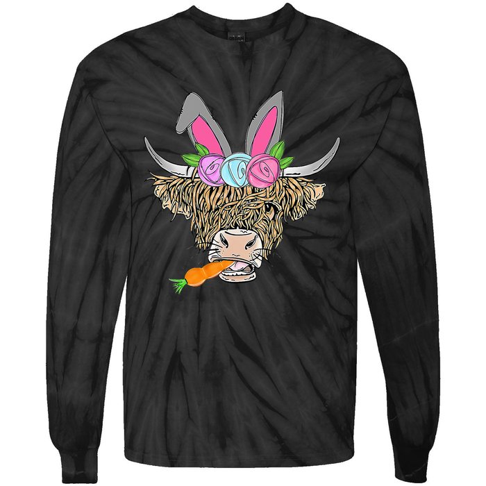 Heifer Highland Cow With Bunny Ears Carrot Egg Happy Easter Tie-Dye Long Sleeve Shirt