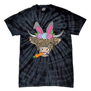 Heifer Highland Cow With Bunny Ears Carrot Egg Happy Easter Tie-Dye T-Shirt