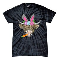 Heifer Highland Cow With Bunny Ears Carrot Egg Happy Easter Tie-Dye T-Shirt