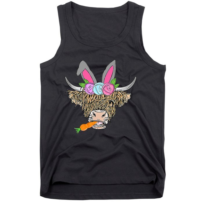 Heifer Highland Cow With Bunny Ears Carrot Egg Happy Easter Tank Top