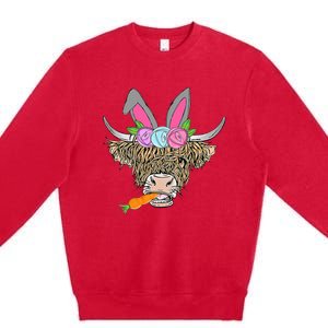 Heifer Highland Cow With Bunny Ears Carrot Egg Happy Easter Premium Crewneck Sweatshirt