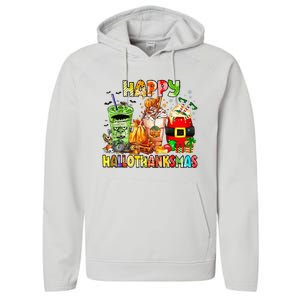 Happy Hallothanksmas Coffee Latte Halloween Thanksgiving Performance Fleece Hoodie