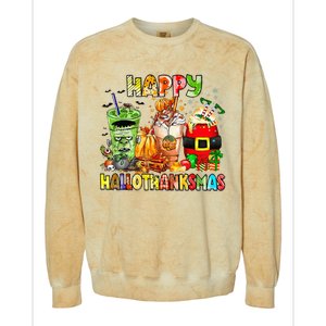 Happy Hallothanksmas Coffee Latte Halloween Thanksgiving Colorblast Crewneck Sweatshirt