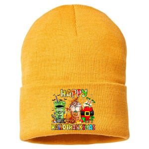 Happy Hallothanksmas Coffee Latte Halloween Thanksgiving Sustainable Knit Beanie