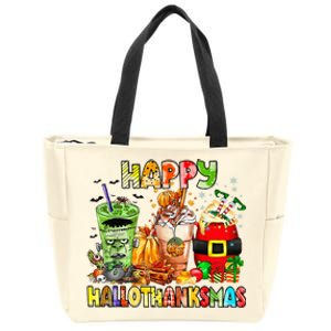 Happy Hallothanksmas Coffee Latte Halloween Thanksgiving Zip Tote Bag