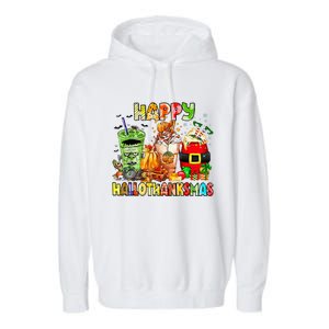 Happy Hallothanksmas Coffee Latte Halloween Thanksgiving Garment-Dyed Fleece Hoodie