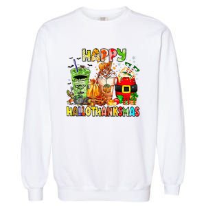 Happy Hallothanksmas Coffee Latte Halloween Thanksgiving Garment-Dyed Sweatshirt