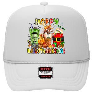 Happy Hallothanksmas Coffee Latte Halloween Thanksgiving High Crown Mesh Back Trucker Hat