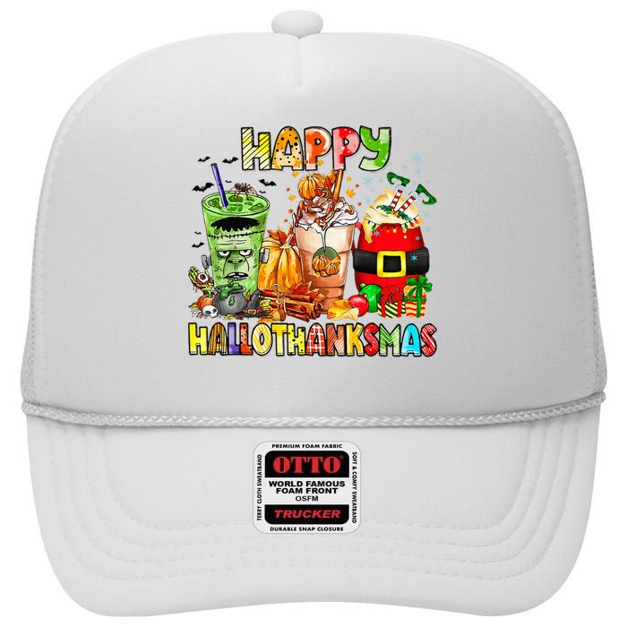 Happy Hallothanksmas Coffee Latte Halloween Thanksgiving High Crown Mesh Back Trucker Hat