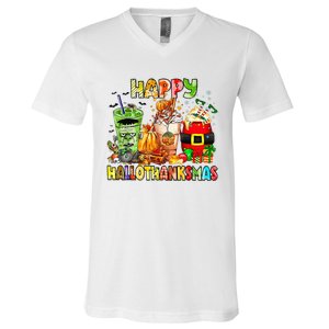 Happy Hallothanksmas Coffee Latte Halloween Thanksgiving V-Neck T-Shirt