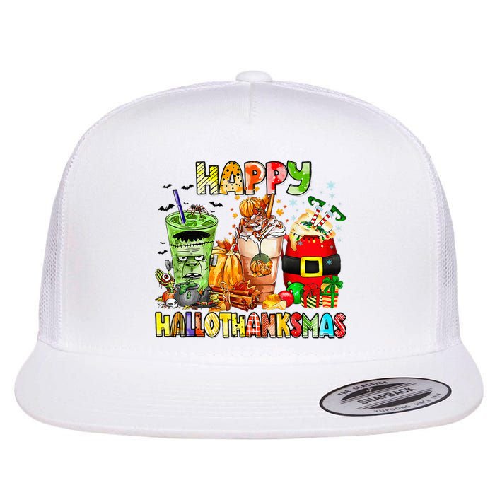 Happy Hallothanksmas Coffee Latte Halloween Thanksgiving Flat Bill Trucker Hat