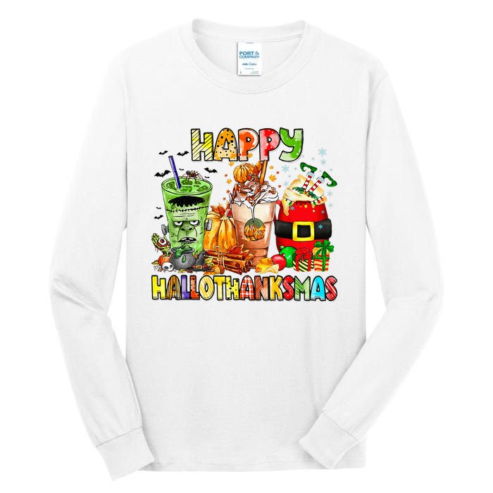 Happy Hallothanksmas Coffee Latte Halloween Thanksgiving Tall Long Sleeve T-Shirt