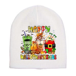 Happy Hallothanksmas Coffee Latte Halloween Thanksgiving Short Acrylic Beanie