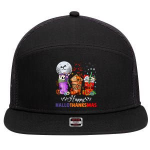 Happy Hallothanksmas Coffee Latte Halloween Thanksgiving 7 Panel Mesh Trucker Snapback Hat