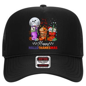 Happy Hallothanksmas Coffee Latte Halloween Thanksgiving High Crown Mesh Back Trucker Hat