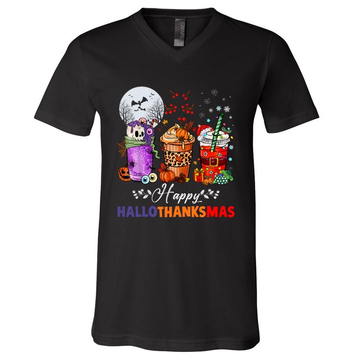 Happy Hallothanksmas Coffee Latte Halloween Thanksgiving V-Neck T-Shirt