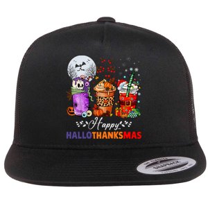 Happy Hallothanksmas Coffee Latte Halloween Thanksgiving Flat Bill Trucker Hat