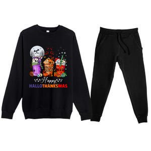 Happy Hallothanksmas Coffee Latte Halloween Thanksgiving Premium Crewneck Sweatsuit Set