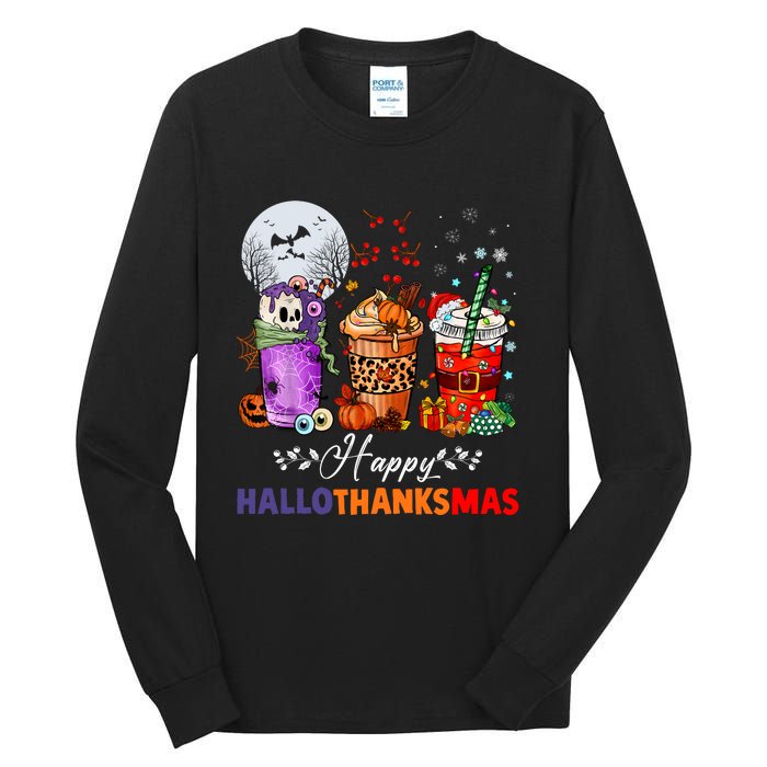 Happy Hallothanksmas Coffee Latte Halloween Thanksgiving Tall Long Sleeve T-Shirt