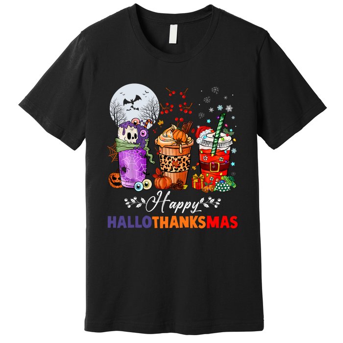 Happy Hallothanksmas Coffee Latte Halloween Thanksgiving Premium T-Shirt