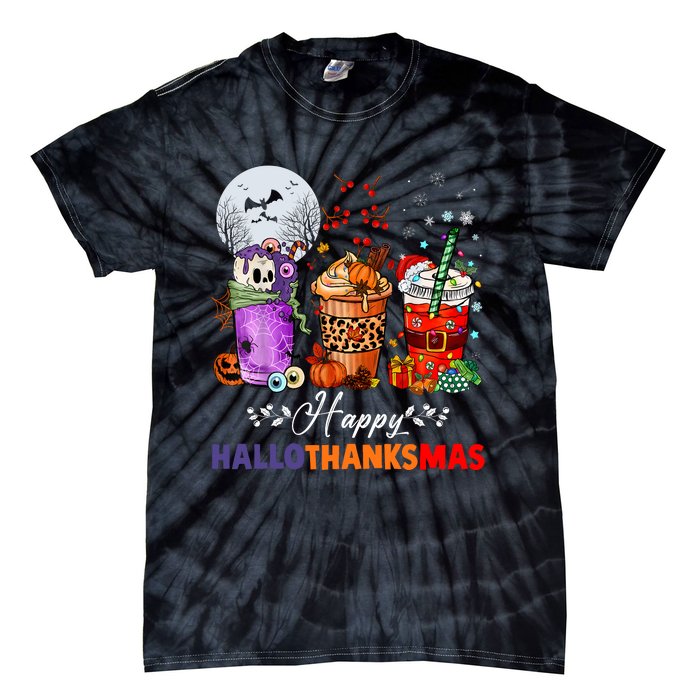 Happy Hallothanksmas Coffee Latte Halloween Thanksgiving Tie-Dye T-Shirt