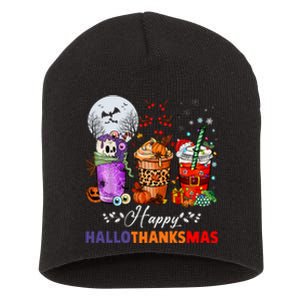 Happy Hallothanksmas Coffee Latte Halloween Thanksgiving Short Acrylic Beanie